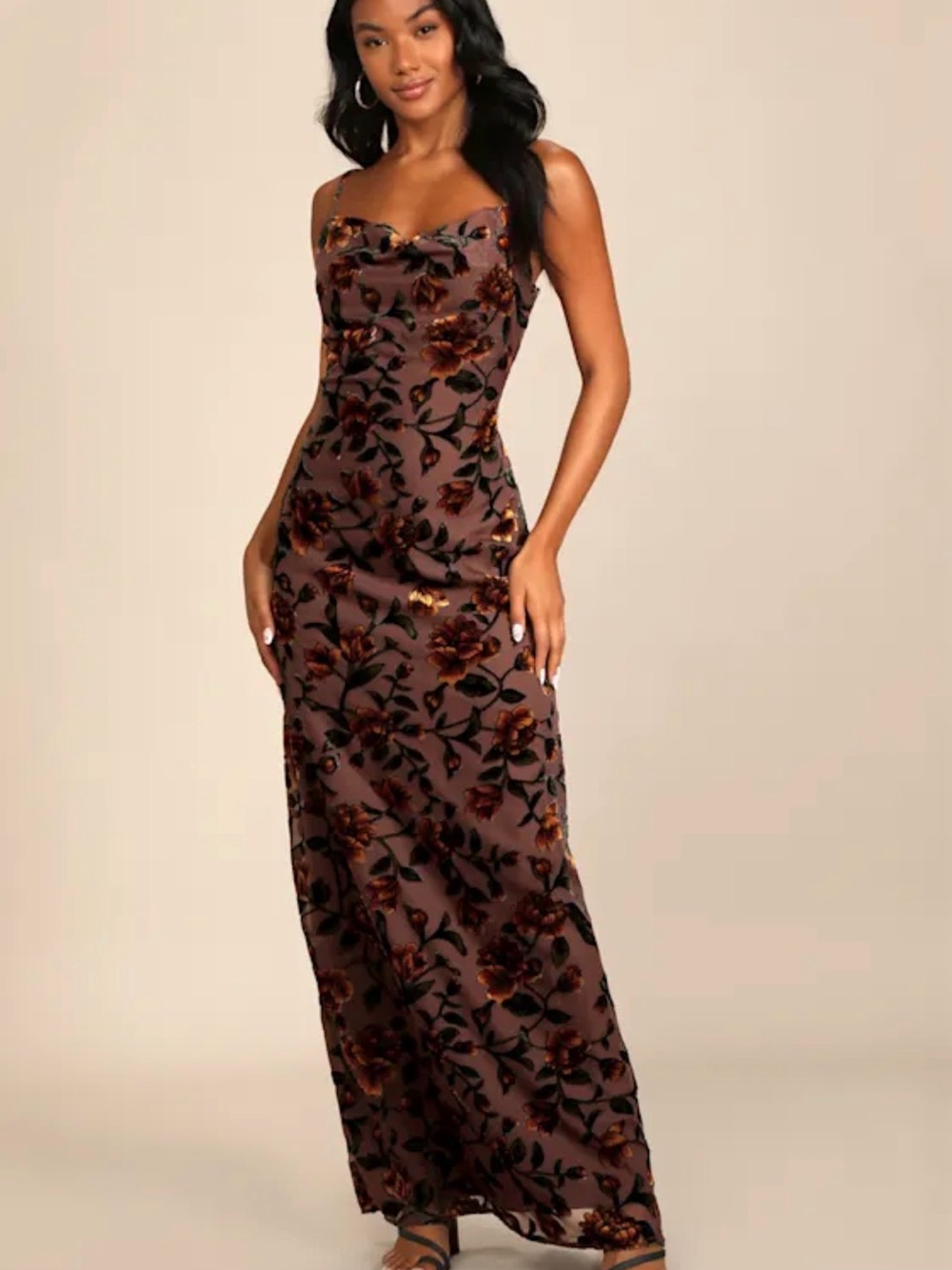 Lulus Brown Floral Cowl Neck Maxi Dress Size L